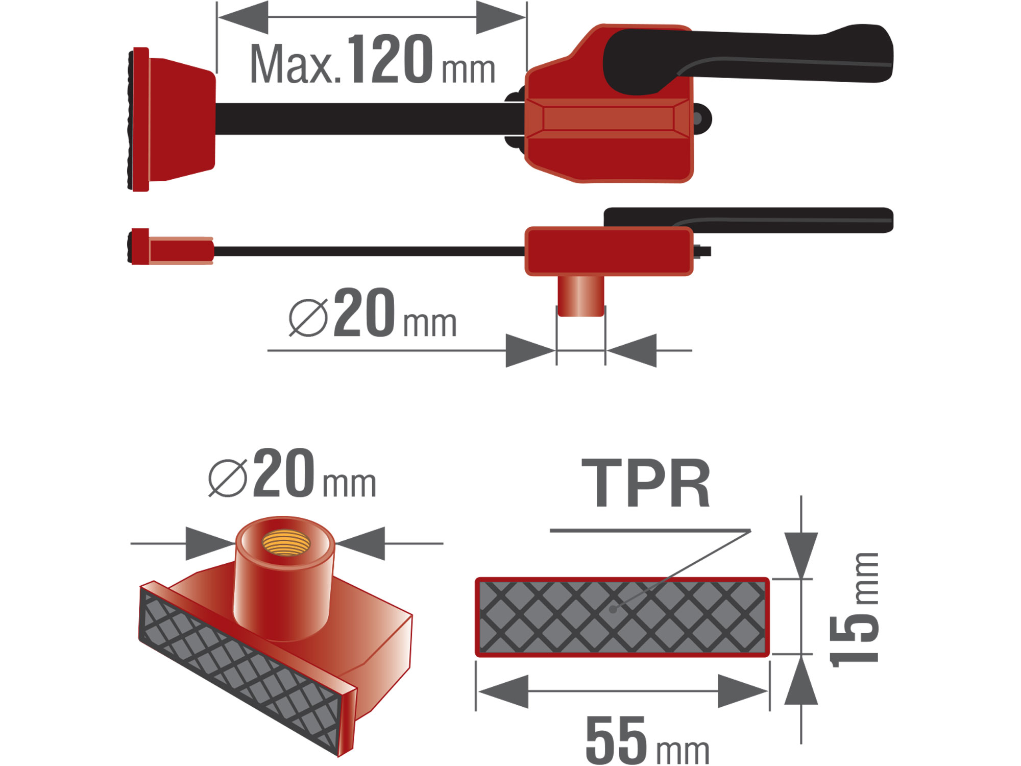 svěrka přítlačná horizontální - k multif. stolůlm s otvory O 20mm, 0-120mm