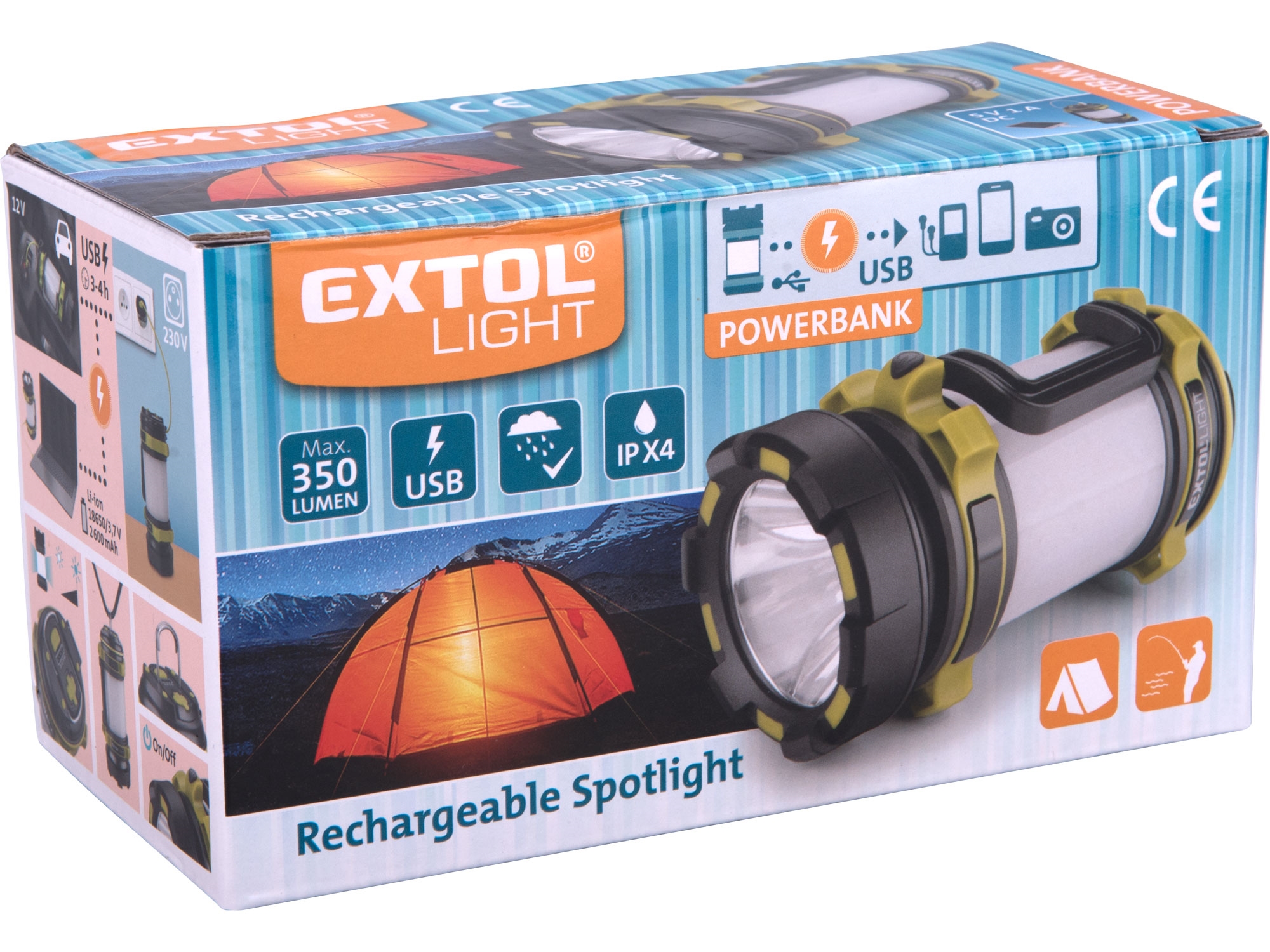 EXTOL svítilna 350lm, Cree XPG2 LED, 360° osvětlení, USB nabíjení s powerbankou, CREE XPG2 R5 LED + 