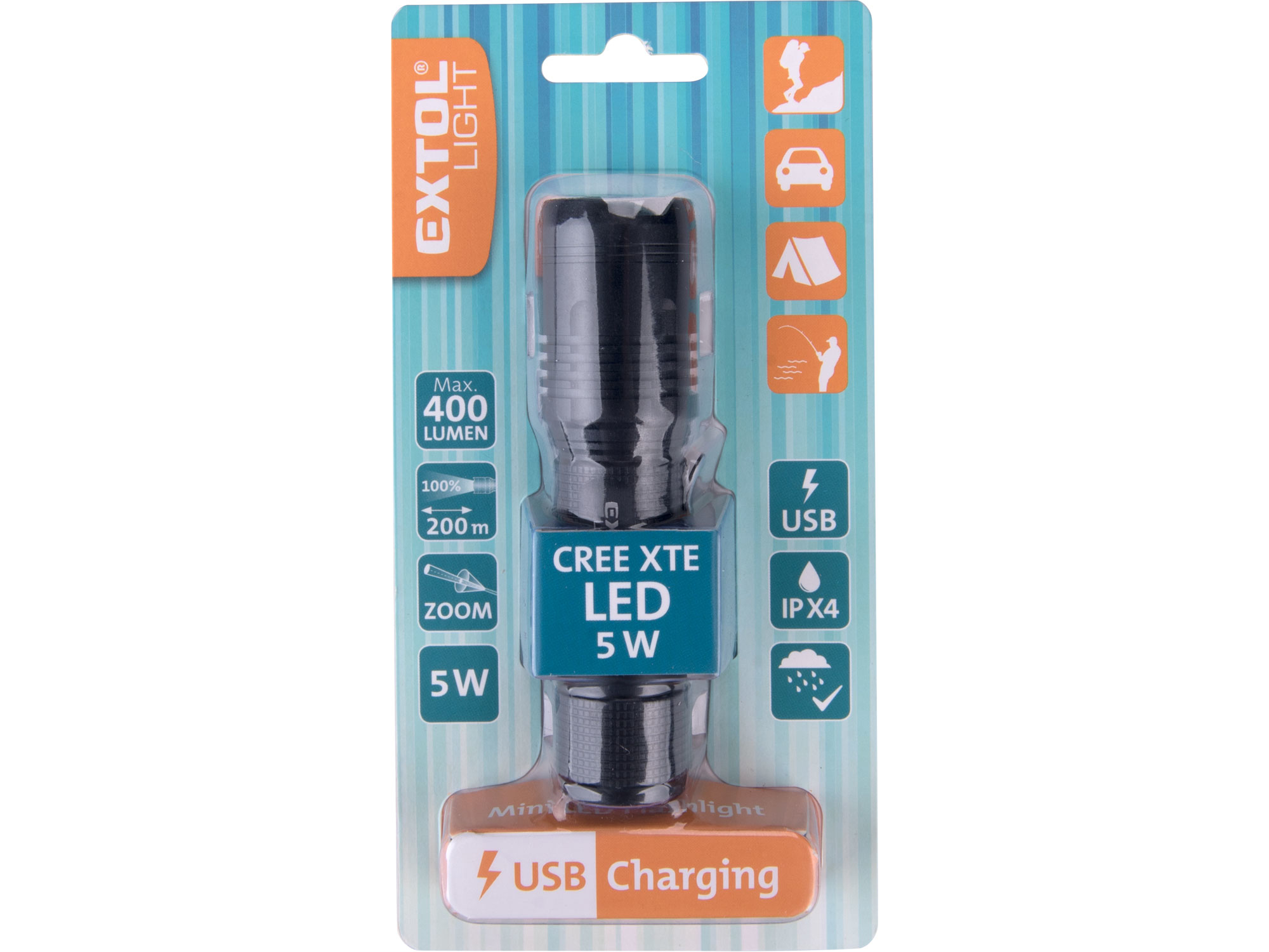 svítilna 400lm, zoom, USB nabíjení, CREE XTE 5W