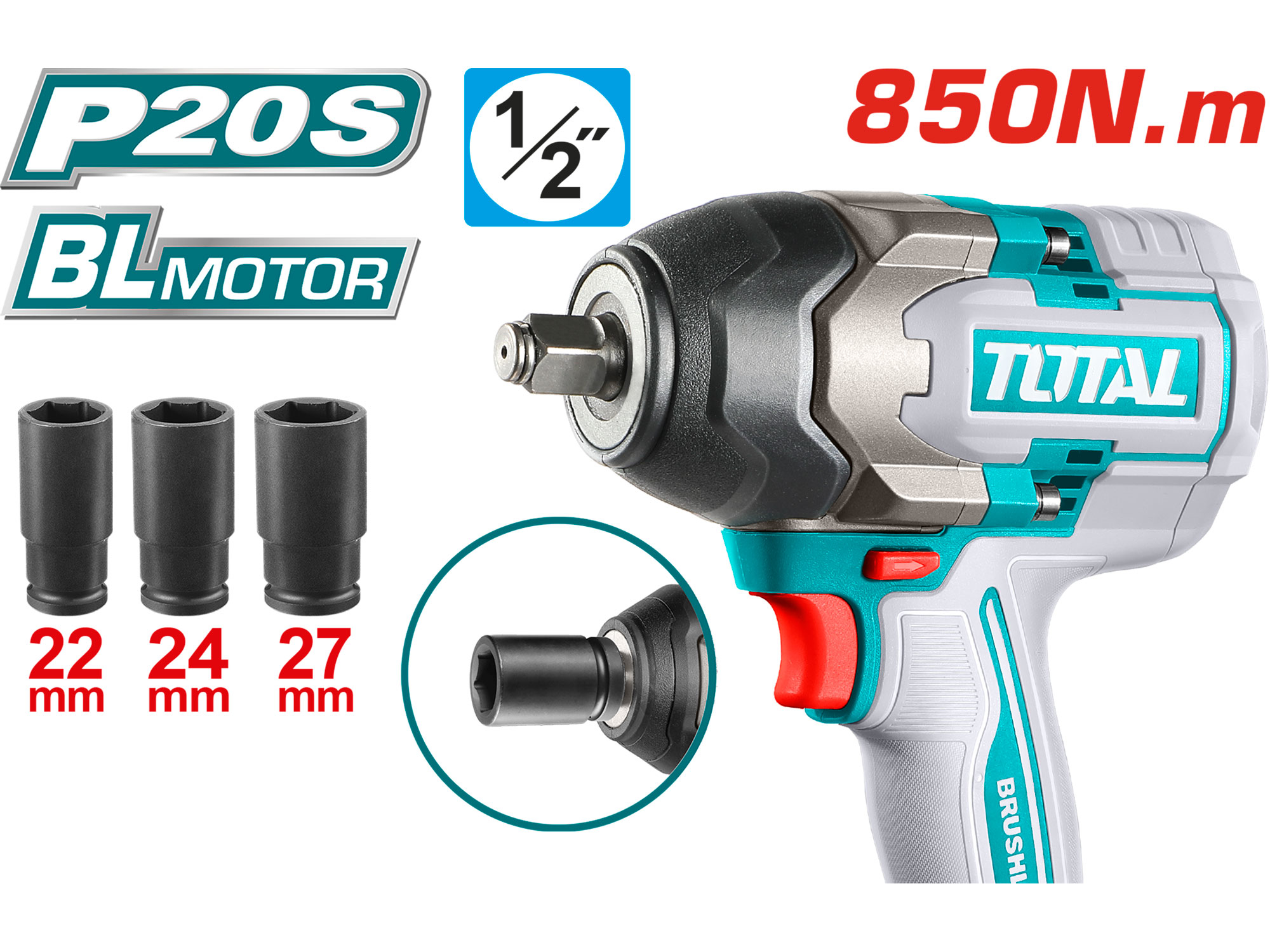 Utahovák rázový AKU 1/2", brushless, 850Nm, 20 V Li-ion, bez baterie a nabíječky, industrial