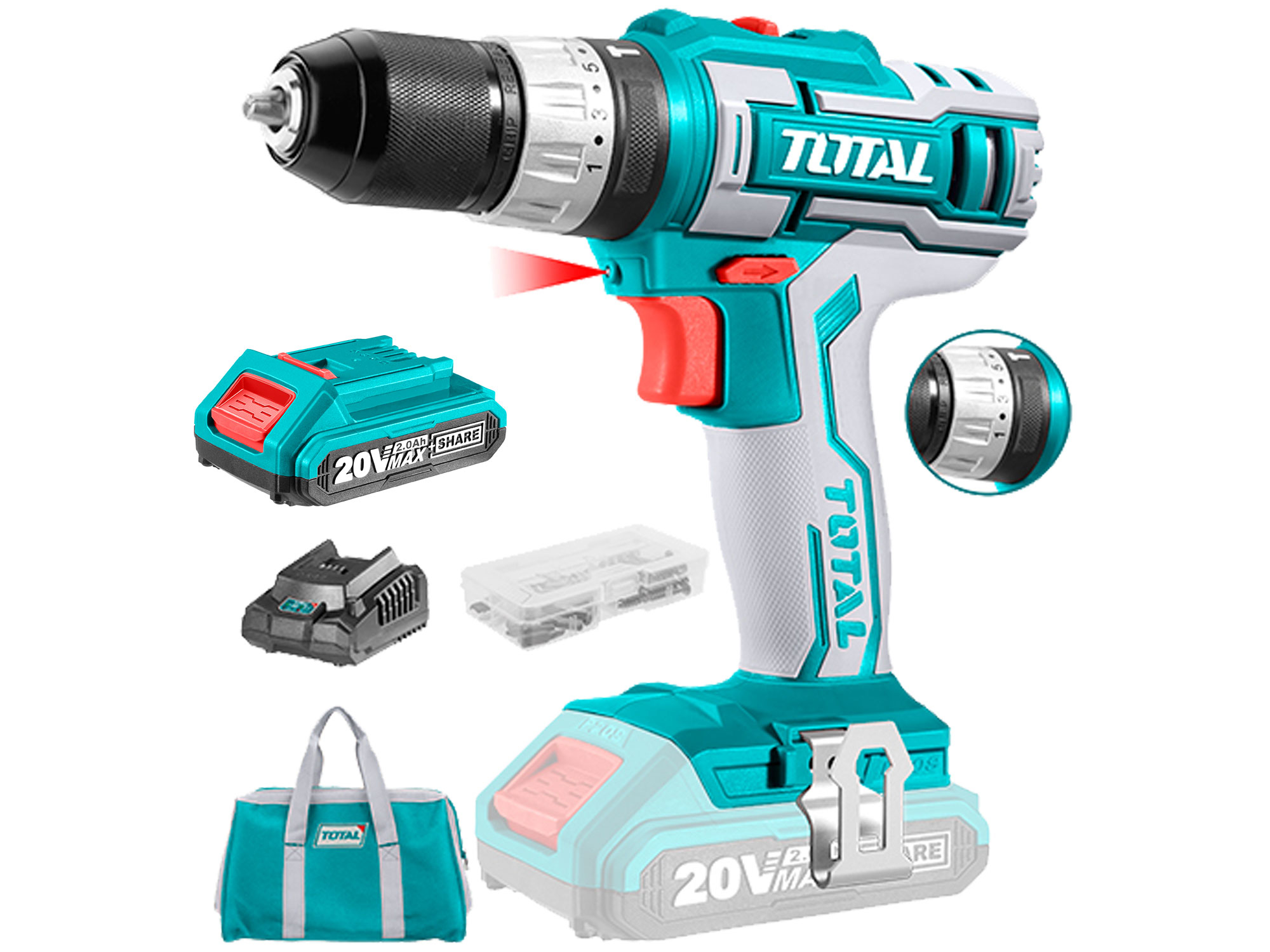 Vrtací šroubovák AKU s příklepem, 20V Li-ion (2x), 2000mAh, Sada 50ks, industrial