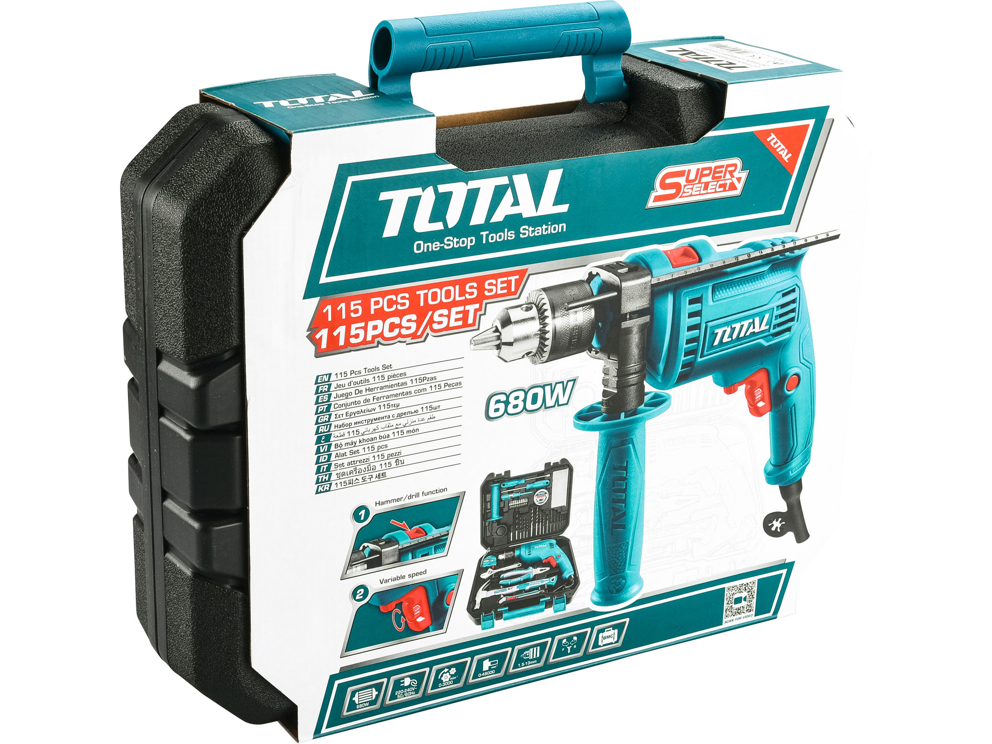 Vrtačka s příklepem a nářadím, 680W, 115ks