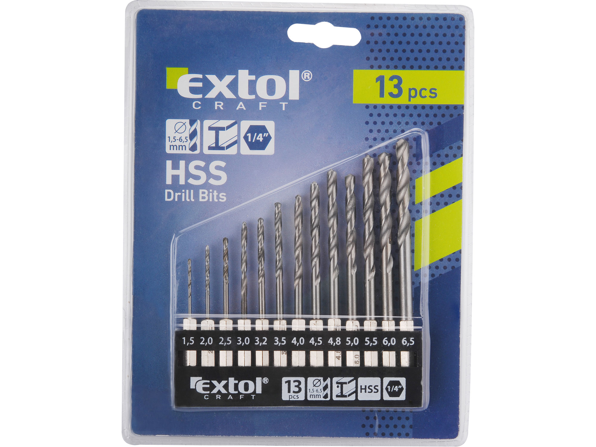 Vrtáky do kovu se šestihrannou stopkou sada 13ks 1,5-6,5mm HSS EXTOL CRAFT 11140