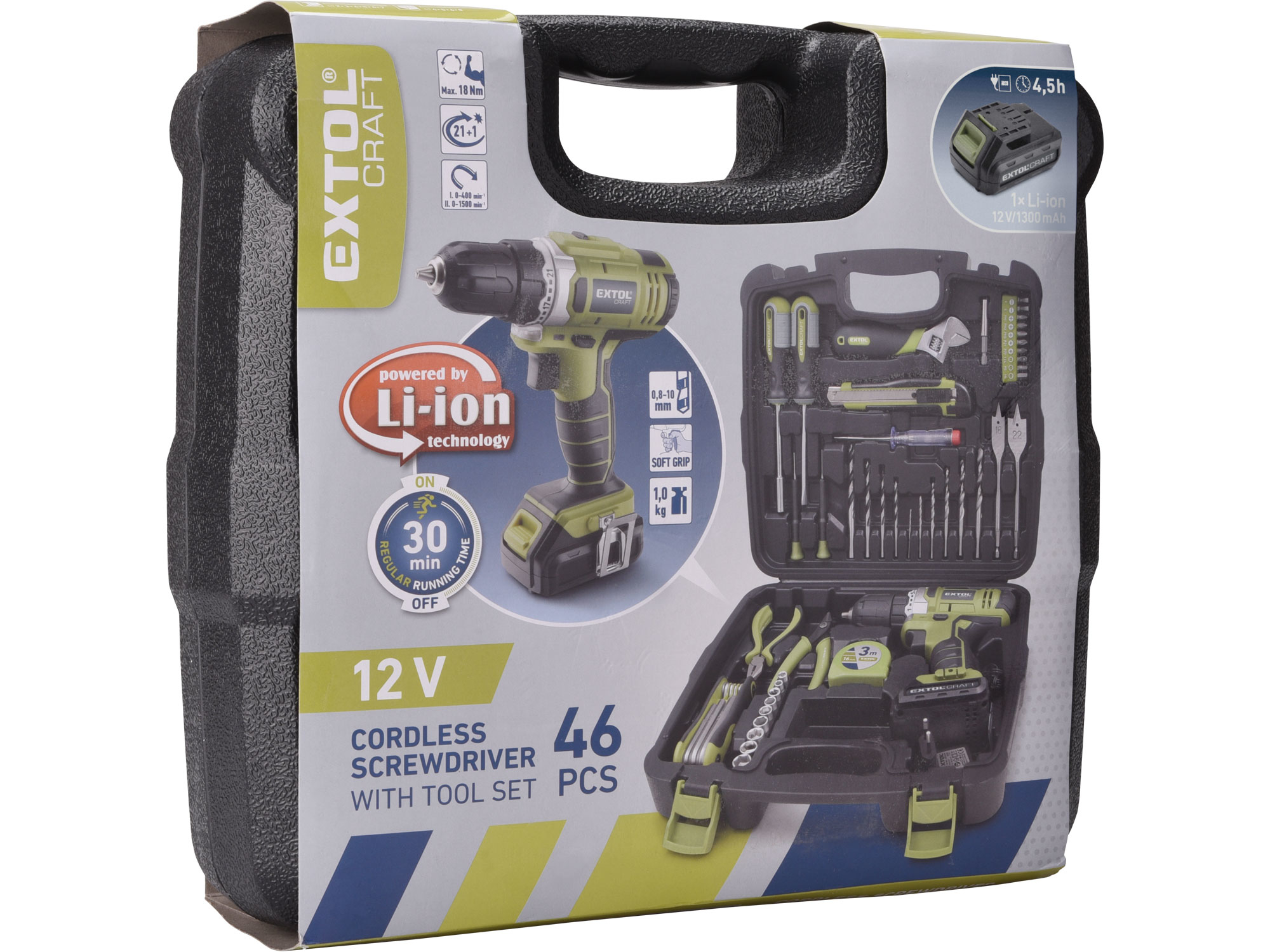 ZRUŠENO! Nahrazeno výrobkem 422801 vrtací šroubovák aku 12V Li-ion s nářadím, sada 46ks