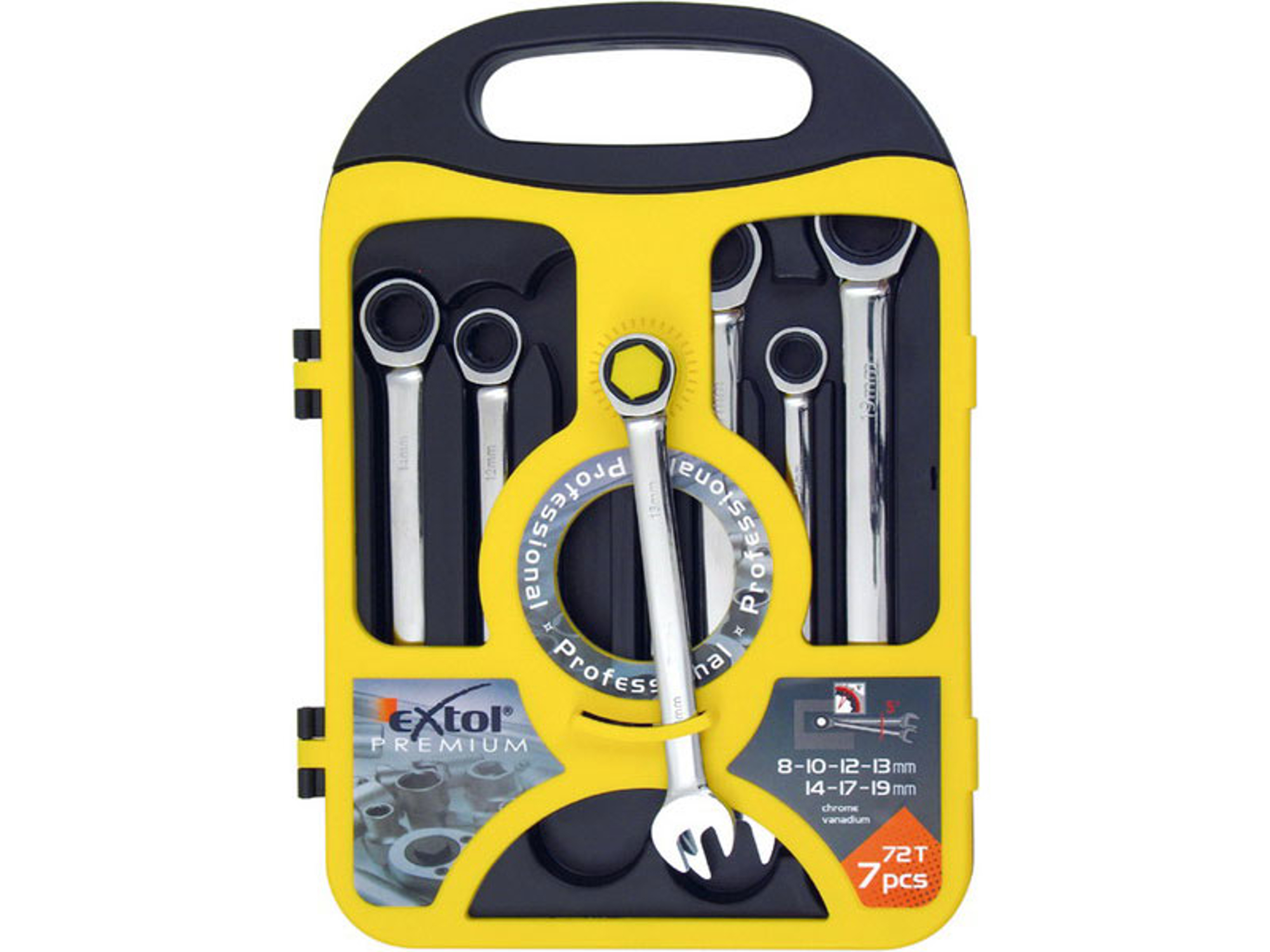 ZRUŠENO! Nahrazeno výrobkem 8816100, ráčnové klíče očko/ploché sada 7ks, 8-19mm CrV, ráčna 45 zubů